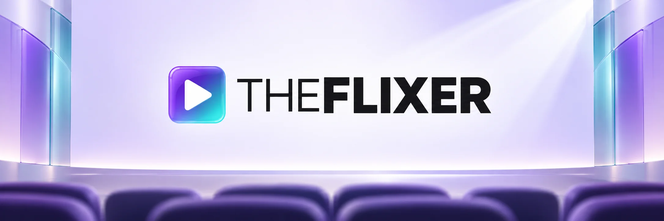 TheFlixer black wordmark with a purple and teal play icon in a lavender cinema